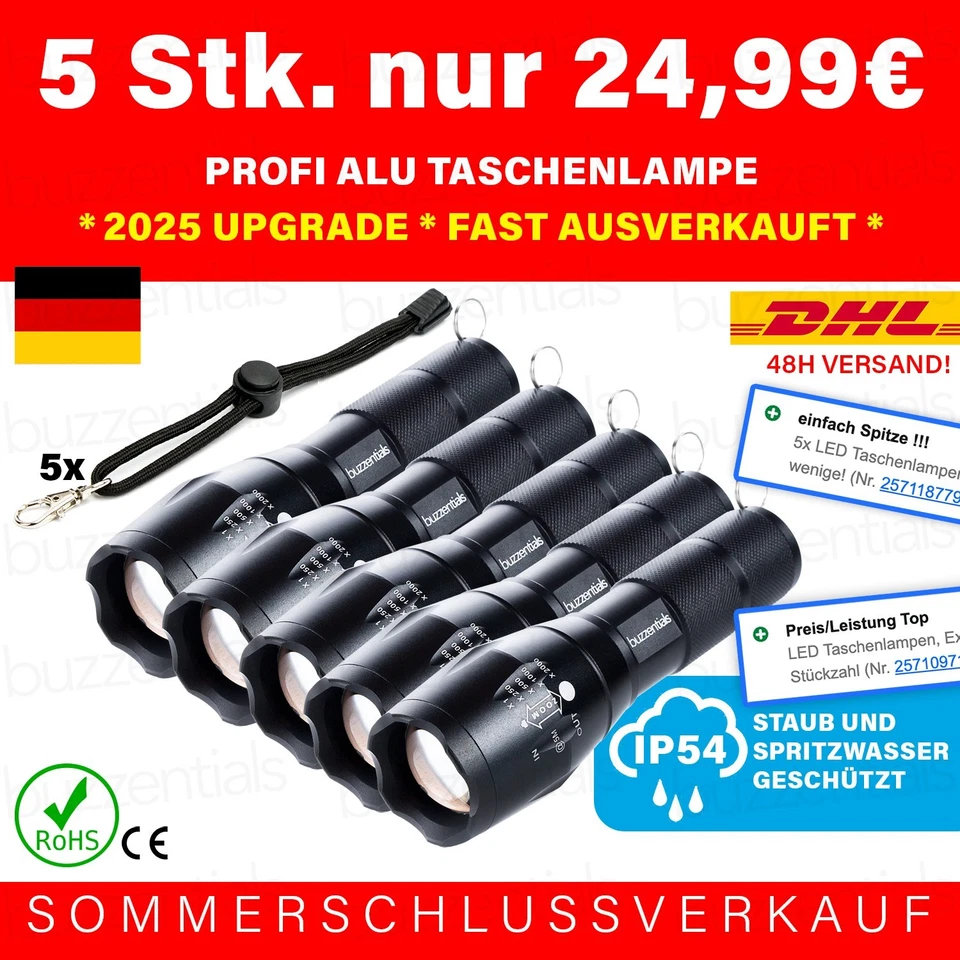 5x LED Taschenlampen, Extrem Hell, Staub-Spritzwasser, 5 Modi - Nur noch wenige! - Bild 1 von 4