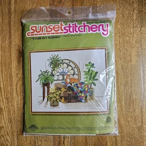 1979 Sunset Stitchery A Purr-fect Morning #2692 Crewel Kit passt Rahmen 16" x 20" - Bild 1 von 8