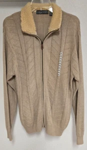 Oscar De La Renta Sweater Beige Knit Cardigan Full Zip up Sherpa Collar. Large - Picture 1 of 6