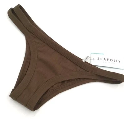 Parte inferior de biquíni Seafolly feminina EUA 6 tinta costela brasileira verde oliva escura feminina 6 - Imagem 1 de 4