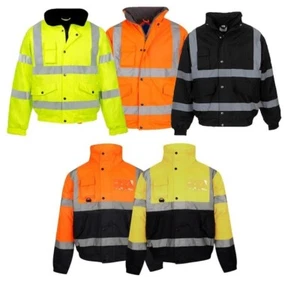Men's Hi Vis Viz Bomber Jacket | High Visibility Waterproof Padded Hooded Coat - Picture 1 of 10