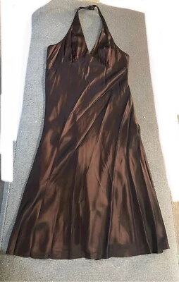 Maxi Vestido Para Mujer Marrón 100% Seda Halter Talla 14 Vestido Formal Dinero Antiguo Babydoll Foto 1 de 4
