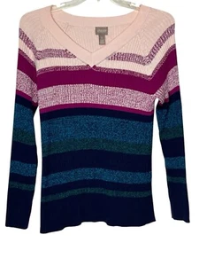 Chico's Multicolor Striped V-Neck Pullover Long Sleeve Sweater Womens Small - Picture 1 of 4