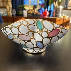 Vintage Vase Console Bowl Pottery White + Abstract Gold Rings Aldo Londi Bitossi - Picture 1 of 9