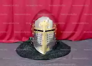Elmetto Crociato Alessandro Medievale Visiera Bacinet Elmetto Maglia Catena 16 Calibro - Foto 1 di 7
