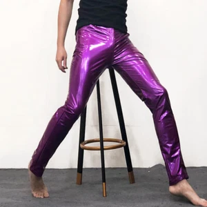 Metallic Men Faux Leather Pants Skinny PU Trousers Stage Clubwear Showman Party - Picture 1 of 14