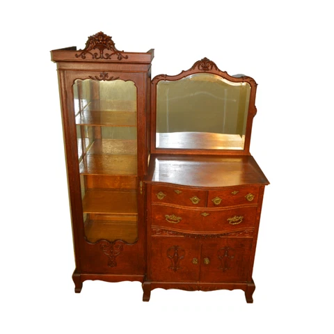 Antique Oak China Closet, Victorian Buffet Bevel Glass Mirror #21341 Cover