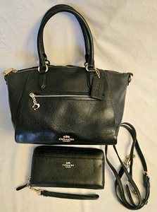 Coach Elise Black/ Gold Pebbled Leather Bag Satchel Crossbody Bag & Wallet - Picture 1 of 15