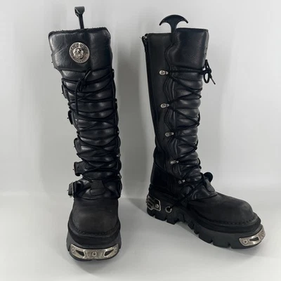 NUEVO ROCK Botas Reactor Cuero Metal Negro Hasta la Rodilla Cremallera Hebilla EU 40 US 9 Foto 1 de 4