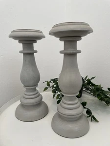 2 Painted Grey Pillar Candle Holders Distressed Wooden Cottage Farmhouse Pair - Picture 1 of 4