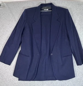 Vtg KORET 100% Wool 2 Piece Suit Skirt Jacket Navy Blue Size 14 Shoulder Pads - Picture 1 of 13