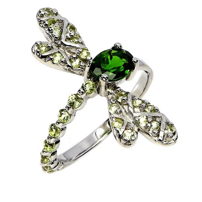 Anillo de plata de ley 925 ovalado cromo diopsido peridoto libélula piedras preciosas talla 8 Foto 1 de 4