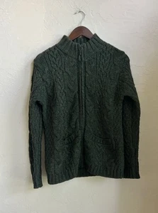 Inis Crafts 100% Wool Fisherman Sweater S Cable Knit Green Ireland Heritage Zip - Picture 1 of 9