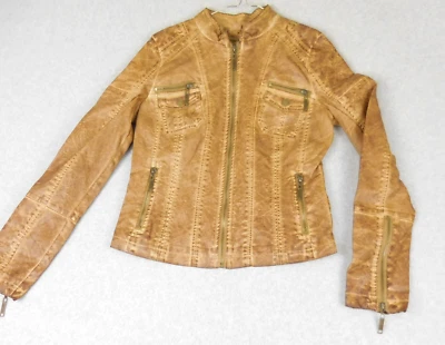 Joujou Faux Leather Biker Jacket Girls Sz XS Y2K Brown Rocker Zipped Lined Pocke - Image 1 of 4