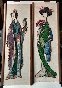 2 Vintage Japanese Mosaic Wood Canvas Panel Encrusted With Pebbles FREE SHIPPING - Picture 1 of 7