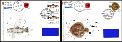 Latvia 2004 (09) Fishes - Trout - Turbot (set of 2 addressed FDC) - Image 1 of 3