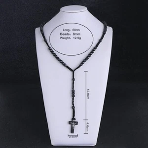 Wooden Beads Religious Necklace Rosary With Black Jesus On Cross Black Rope - Picture 1 of 10