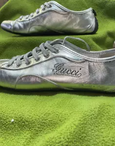GUCCI sneakers silver leather large logo athletic shoes Fashion Gently Used Sz36 - Picture 1 of 12