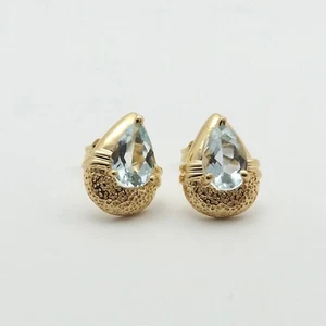 14k Gold Teardrop Natural 1ct Aquamarine March Birthstone Teardrop Stud Earrings - Picture 1 of 6