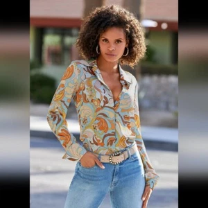 New Boston Proper Folk Favorite Retro Print Sophia Button-Up Charmeuse Blouse -6 - Picture 1 of 9