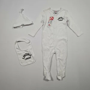 Lonsdale Baby Toddler 3 Piece Set White 12 - 18 Months Cotton Romper Beanie Bib - Picture 1 of 12
