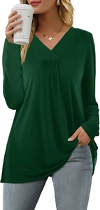 Womens Casual Tunic Tops Long Sleeve V Neck T-Shirt Loose Pleated Longine Shirts - Picture 1 of 12