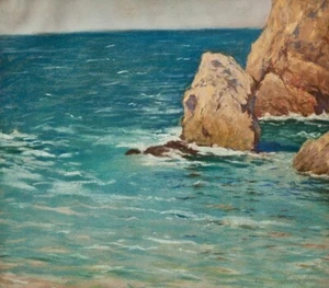 Paisaje costero roca mar D Sima firmado pastel siglo XX - Imagen 1 de 3