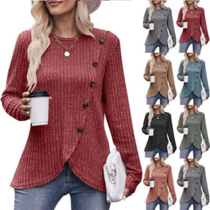 Knopf T-Shirt Rundhals Damen Bluse versunken Streifen angeraut einfarbig - Bild 1 von 13