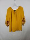 NYCC Yellow Floral Embroidered 3/4 Sleeve Blouse Keyhole Tie Women's Size Large