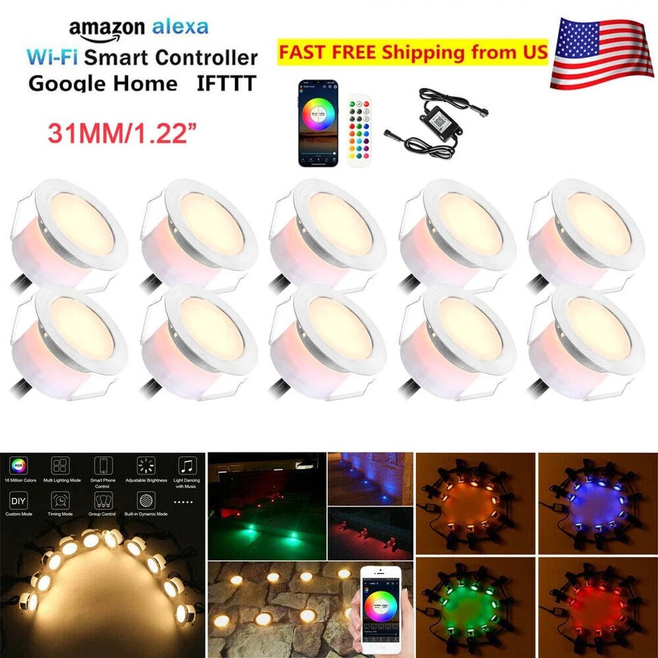 1.77" Low Voltage WIFI Recessed RGBW LED Deck Light Kit Garden Landscape Lightin - Image 1 of 4