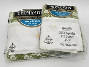 Thomaston Full Flat Sheet Two Pillowcases Green No Iron Muslin White Dots Daisy  - Picture 1 of 13