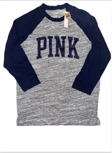 Victoria's Secret PINK Campus Baseball T-Shirt 3/4 Sleeve Blue Gray XS NEW - Picture 1 of 2