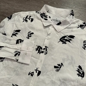 Youngla Shirt Mens XL White Viscose Abstract Floral Casual Long Sleeve Button Up - Picture 1 of 8