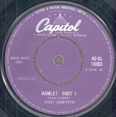 Andy Griffith Hamlet - Part 1 7" vinyl UK Capitol 1959 four prong label design - Image 1 of 2