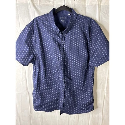 GUESS Los Angeles Mens XXL Slim Fit Short Sleeve Button Up Shirt Navy Blue Print - Image 1 of 4