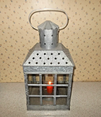 Nautical galvanized 8.5" tin square candle lantern 16" tall with glass walls - Image 1 of 4