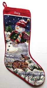 Vintage Needlepoint Christmas Stocking Snowman Baby Deer Snow Personalized Stacy - Picture 1 of 2