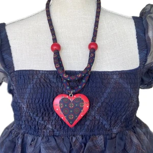 Vintage Boho Wood & Fabric Heart Pendant Necklace | Rustic Folk Jewelry - Picture 1 of 3