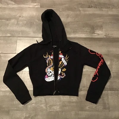 Sudadera con Capucha Recortada Ed Hardy Negra Ciudad de Nueva York Nueva York Calavera Cremallera Completa Mujer Talla Mediana Foto 1 de 4
