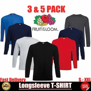 Fruit of the Loom Long Sleeve t-shirt Plain Cotton Top Round Neck Tee Pack 3 & 5 - Picture 1 of 16