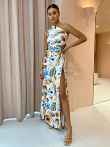 One-Shoulder Sexy Drawstring Conch Print High-Slit Maxi Dress - Picture 1 of 7