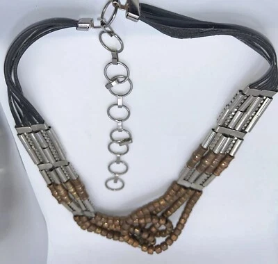 VTG 80s Black Leather Rope Belt with Silver/Copper Beads & Hardware - Image 1 of 4