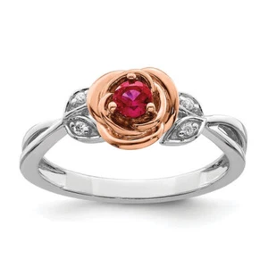 14K Solid Two Tone Gold Ruby Diamond Flower Ring - Picture 1 of 13