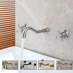 Chrome/Brushed Nickel Wall Mounted Tub Basin Mixer Faucet 2 Handles 3 PCS Tap - Picture 1 of 69