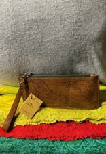 Patricia Nash Rust Tan Italian Leather Map Print Credit Card Zip Wr