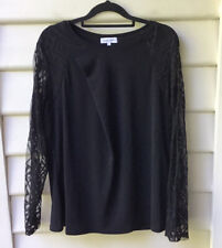 Table Eight Black Top Jersey Knit L 14 Drape Front Blouse Lace Sleeves As New