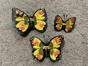 Vintage Hand-painted Ceramic Butterfly Wired Antenna Wall Hanging Black Set Of 3 - Picture 1 of 14
