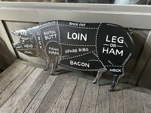 Large 40” Metal Pig Pork Cuts Sign Ham BBQ Bacon Grill Man Cave Art Hog Butcher - Picture 1 of 7