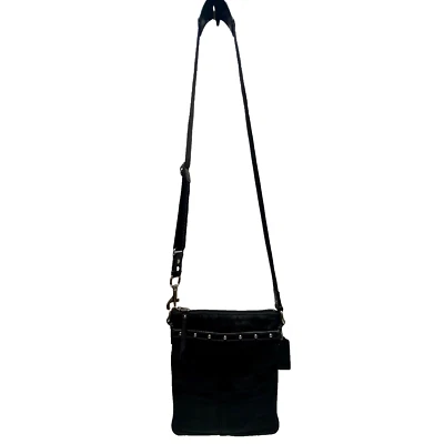 Coach Signature Stripe Studded Shimmer File bag Black Crossbody 42020 GUC - Image 1 of 4