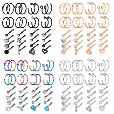 32 peças anel de argola de nariz em forma de C aço cirúrgico parafusos ósseos conjunto de piercing corporal 20G - Imagem 1 de 4